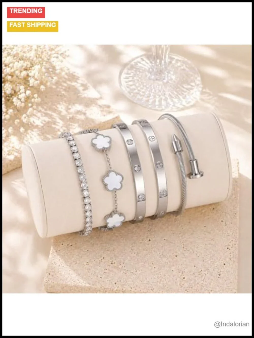 18K Gold Plated Love Bangle Bracelet Stack Adjustable CZ Tennis Chain Set